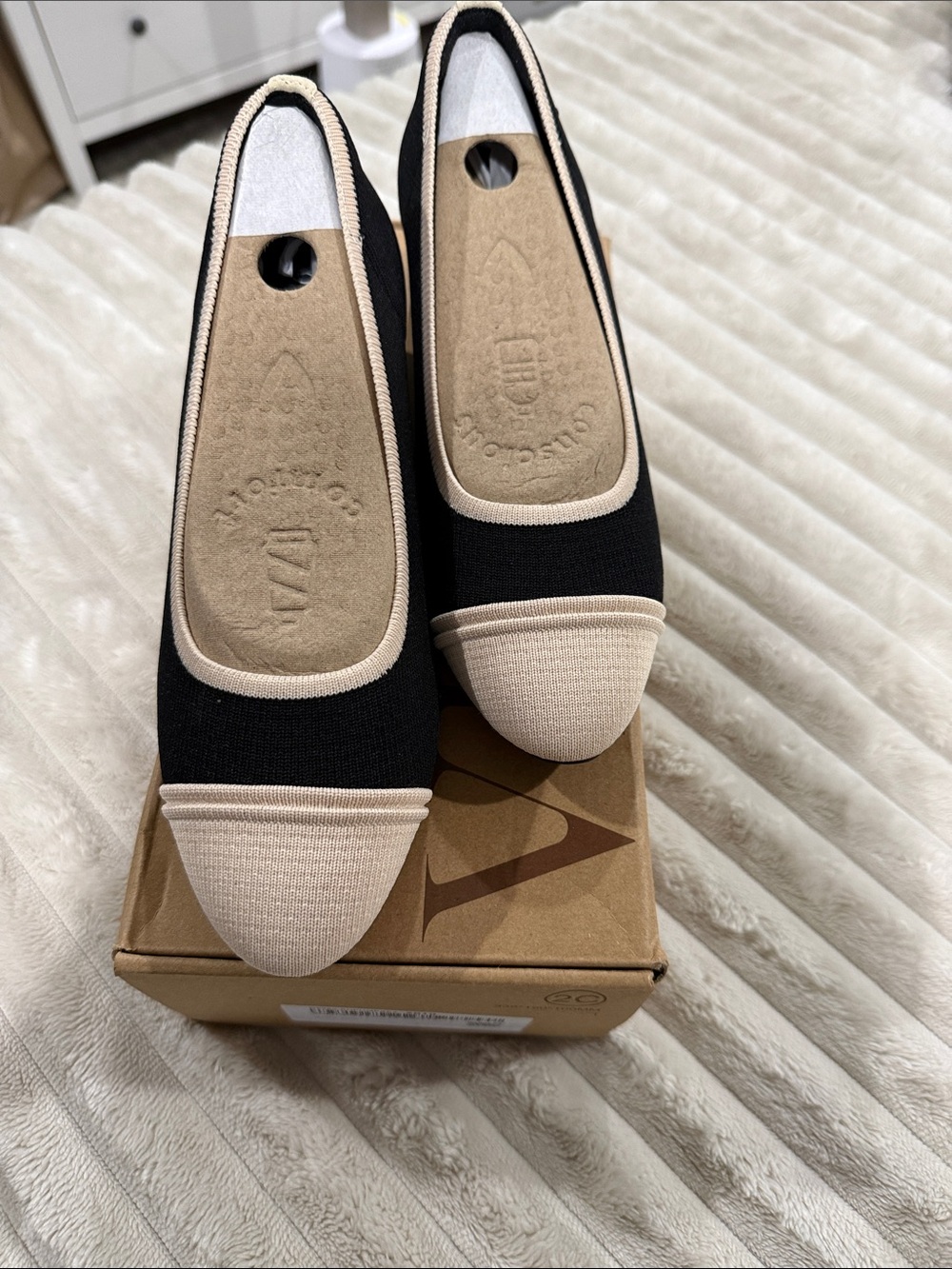 Women's Black and Beige Cap-Toe Knit Flats